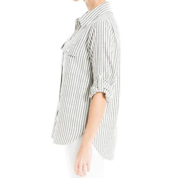 NEW MAX STUDIO White Black Striped Yarn-Dye Button Front Shirt Size XS - Picture 3 of 7